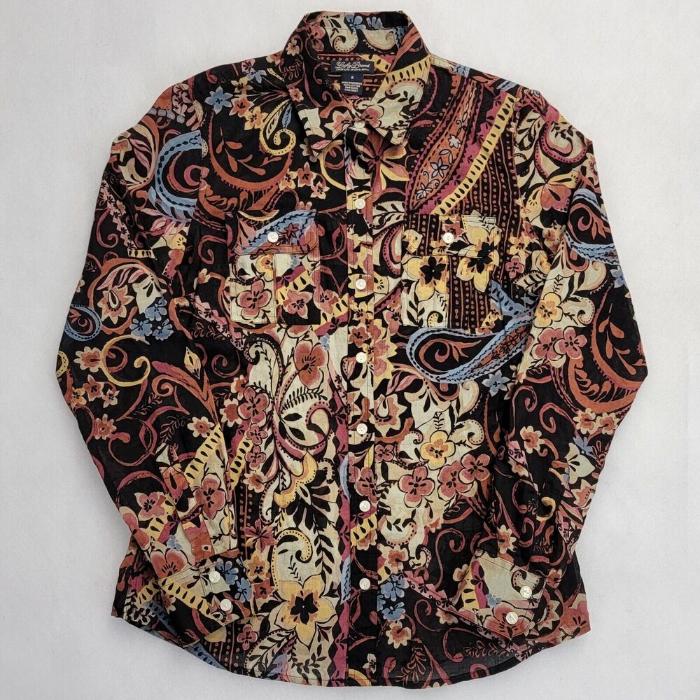 Lucky Brand Colorful Floral Pattern Pockets Size S Long Sleeve Button-Up Womens